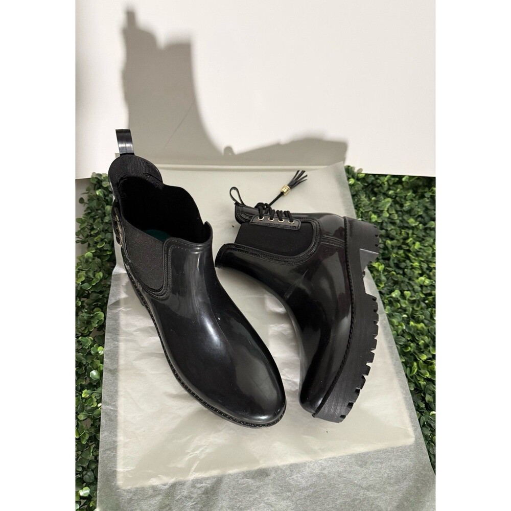 Mari A Comfort Womens Black Patent Rain Ankle Boots Tassel Lug Sole Chelsea